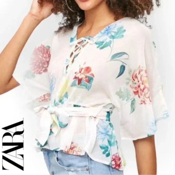 Zara Basic Ivory Floral Lace Up Peplum Blouse, women’s size S - Picture 1 of 10